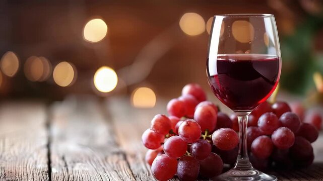 A wine glass filled with red wine next to a bunch of grapes on a wooden table with a string of lights in the background.