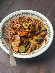 Rojak Petis, a mixed salad lathered with a thick savoury sauce of shrimp paste and crushed peanut. A traditional fruit and vegetable salad dish commonly found in Indonesia, Malaysia and Singapore.