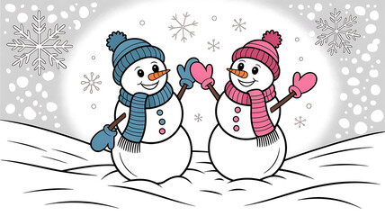 Cute Cartoon Snowmen Couple in Winter Landscape with Snowflakes