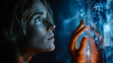 Woman Touching Futuristic Interface: A woman interacts with a mesmerizing futuristic interface, her expression a mix of wonder and concentration, as she explores the unknown.