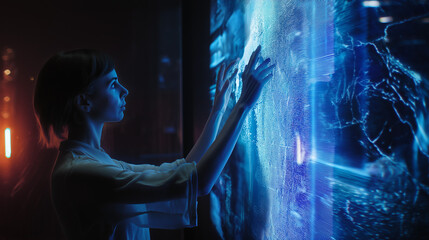 Innovation and Interaction: A woman interacts with an immersive, futuristic technological interface, possibly conducting scientific research or engaging with data visualization.