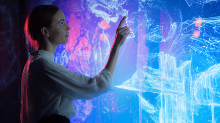 Woman interacting with Digital Display: A focused woman engages with a futuristic digital display, her finger delicately tracing intricate glowing patterns, symbolizing technology and progress.