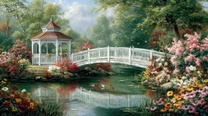 Obraz premium Picturesque garden scene with white gazebo bridge and floral landscape
