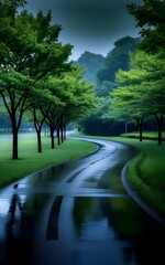 Rainy Park Path Green Trees Wet Asphalt Scenic Landscape