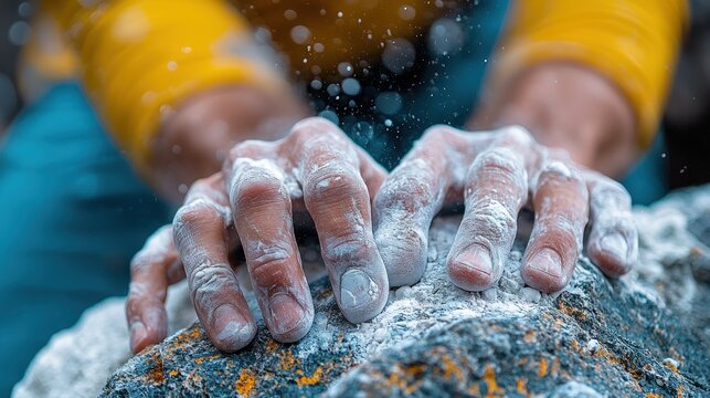 Close up of a rock climbers hands covered in chalk gripping a stone.