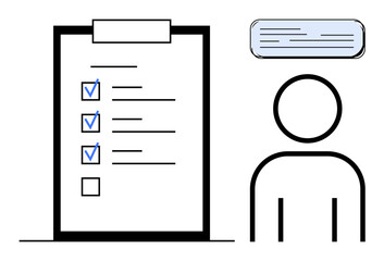 Clipboard with checklist, blue checkmarks, and blank task next to outlined person with text box above. Ideal for productivity, organization, decision-making, planning, task tracking, workflow simple