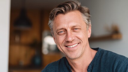 smiling handsome middle aged 50s single man looking at camera standing at home happy satisfied confident senior mature european male model posing indoors for close up face headshot portrait no logos 