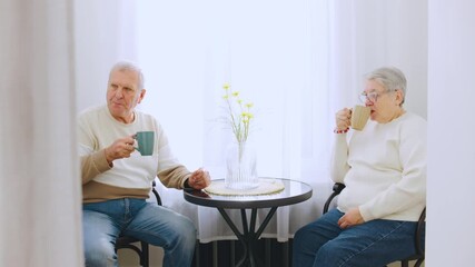 Elderly couple enjoying warm drinks together during a cozy family gathering for New Year celebrations