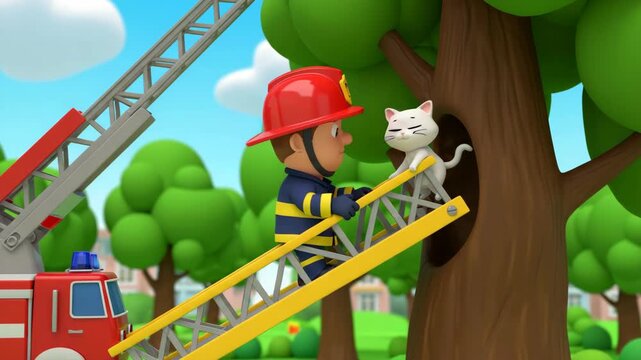 Firefighter Rescues Cat From Tree: 3D Animated Rescue Scene