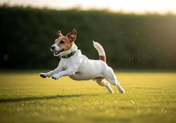 jack russell terrier running, Energetic Jack Russell Terrier Leaping Across Grassy Field — Playful Dog in Mid-Air with Sunlit Background
