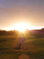Field with a sun shining on it