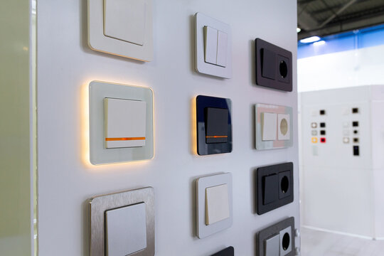 Electrical household switches and sockets on the stand in the store