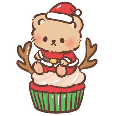 Cute brown bear in Santa outfit sitting on Christmas cupcake with antler decoration kawaii dessert illustration cozy festive winter bakery art sweet holiday design