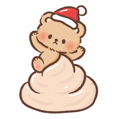 Sweet brown bear in Santa hat sitting on big swirl of whipped cream kawaii Christmas dessert illustration cozy festive winter bakery art cute holiday design