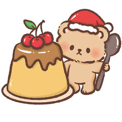 Tiny brown bear in Santa hat holding spoon beside big pudding topped with cherries kawaii Christmas dessert illustration cozy festive winter sweet holiday design