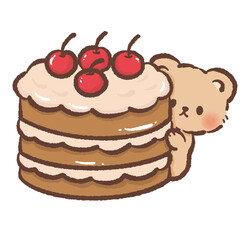 Adorable brown bear peeking behind layered sponge cake with cherries kawaii dessert illustration cute bakery Christmas sweet art cozy festive winter design