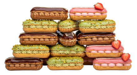 Isolated Stacked Gourmet French Éclairs Chocolate Pistachio Strawberry Dessert Bakery Sweet Treat Concept
