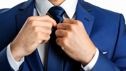 Dapper in Detail: A sharp close-up of an elegantly dressed man adjusting his tie. The tailored suit and crisp shirt exudes confidence and style.