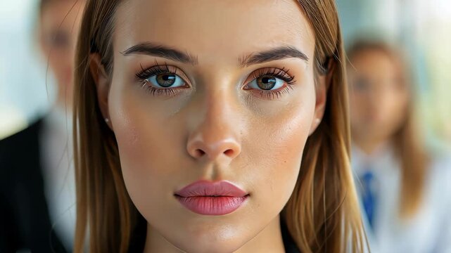 Confident Portrait: A poised and confident woman commands attention. Softly lit in a corporate setting, conveying strength, professionalism and leadership.