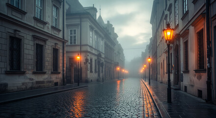 Misty Morning in Prague A Timeless Urban Landscape with Glowing Streetlights