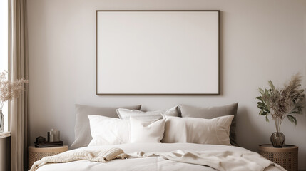 Warm realistic bedroom interior with neutral textiles, natural light, and blank wall frame. Ideal for wall art, poster display, or cozy home design presentation