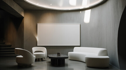 Realistic horizontal mockup of a modern minimalist lounge with curved white furniture and blank poster on the wall. Perfect for interior design, wall art, and branding presentation
