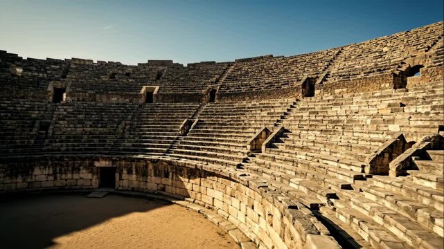 Ancient Greek theatre in Miletus, an antique stone amphitheater for historical documentary B-roll footage.