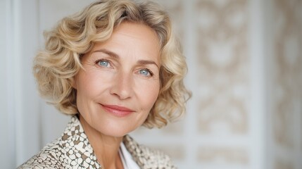 Fototapeta premium smiling sophisticated 50s middle aged blond business woman looking at camera happy mature elegant old lady professional businesswoman posing at home office headshot close up portrait no logos no bran