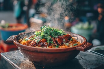 Hot steaming rice dish with roasted duck and fresh herbs in a rustic bowl