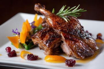 Crispy roasted duck leg served with fresh orange slices and cranberries