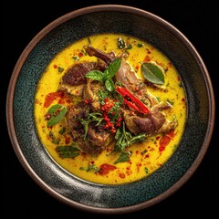 Rich yellow curry with tender duck meat and vibrant red chili slices food