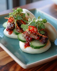 Two gourmet bao buns filled with meat cucumber chili and cilantro Asian food
