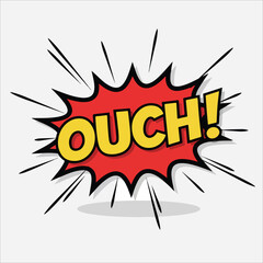 Retro Comic Book Style Ouch Explosion with Black Outline and Radial Burst.