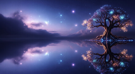 Enchanted Twilight A Mystical Glowing Tree with Brilliant Orbs Mirrored in Serene Waters Under a Celestial Sky, Evoking Fantasy and Profound Wonder