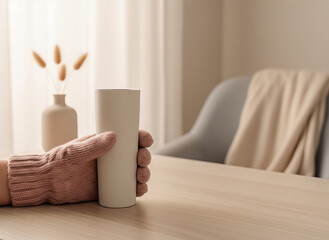 thermos cup in gloved hand. Hand holding a minimalist ceramic cup on wooden table indoors  