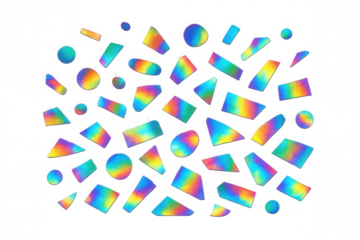 Holographic geometric shapes pattern with iridescent rainbow colors confetti scattering on transparent background