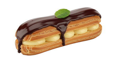 Isolated classic chocolate eclair pastry rich cream filling mint leaf dessert