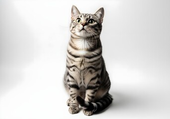 Alert Tabby Cat Sitting Against White Background — Symmetrical Fur Pattern and Curious Expression in Studio Portrait