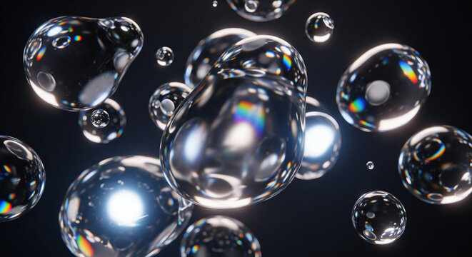 Futuristic abstract background with floating chrome liquid metaballs or bubbles reflecting light in a dark cosmic space