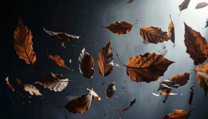 Dry Autumn Leaves Flying in Wind Over Dark Dramatic Background; Moody Fall Foliage Scene