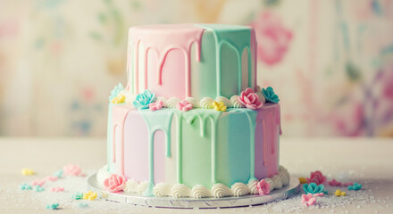 A delightful two-tiered cake adorned with pastel pink and teal icing drips and charming floral decorations, perfect for celebrations