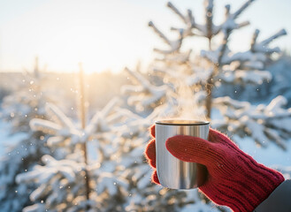 thermos cup in gloved hand. Person holding stainless steel mug while standing in snowy forest  