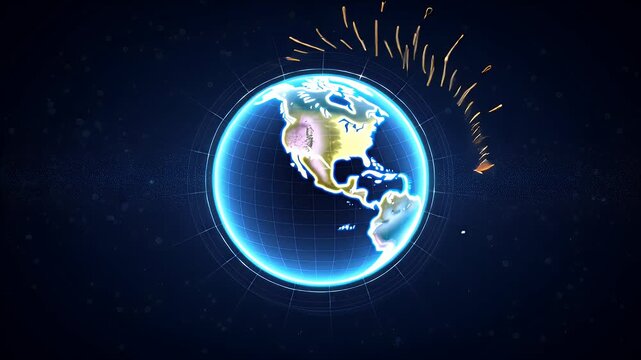 Futuristic Earth globe encircled by neon digital HUD rings in deep space - Powered by Adobe