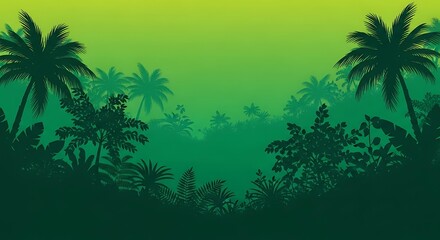 Lush Green Jungle Landscape with Palm Trees and Dense Vegetation.