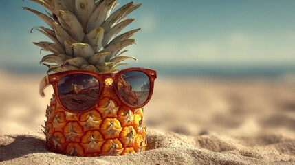 a funny photo of a pineapple with sunglasses lying on a sandy beach no logos no brands ar 169