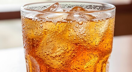 Refreshing Iced Tea with Bubbles and Ice Cubes in Glass.