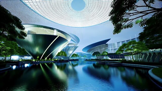 Futuristic Waterfront Plaza with Curved White Architecture Surrounding a Reflective Pool Under a Circular Glass Sky Dome