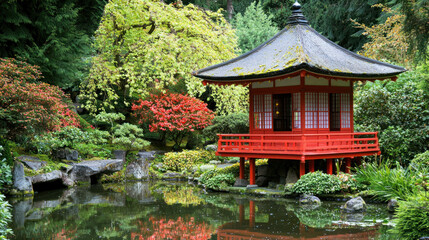 Fototapeta premium A vibrant red pagoda sits beside a still pond in a lush Japanese garden
