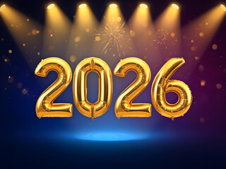 Golden 2026 balloons illuminated by stage spotlights on a dark blue background with bokeh lights