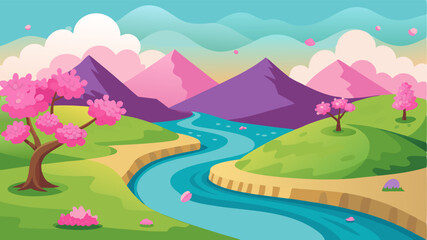 Obraz premium A fertile valley with winding rivers and blooming cherry blossom trees a paradise for photographers.